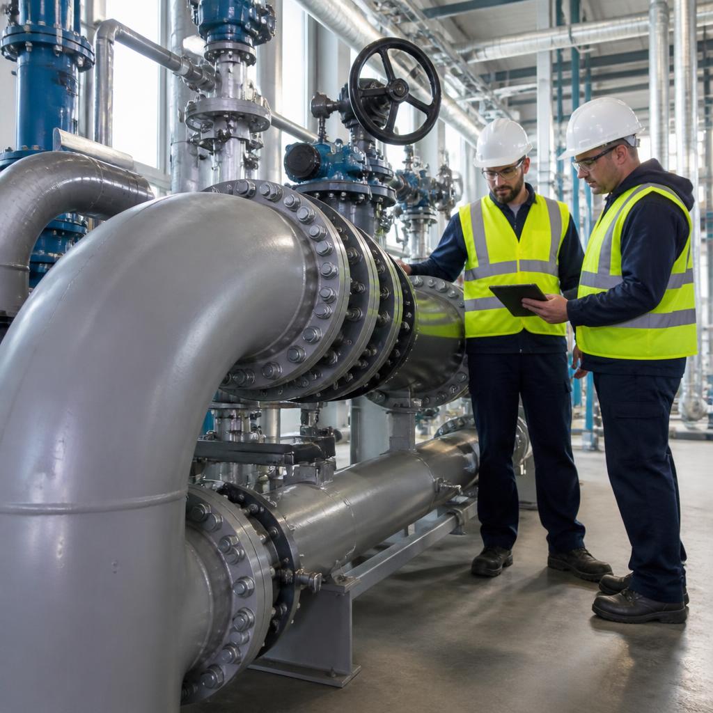 technicien qui travaille sur des tuyaux industriels