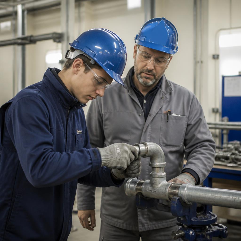 technicien qui travaille sur des tuyaux industriels